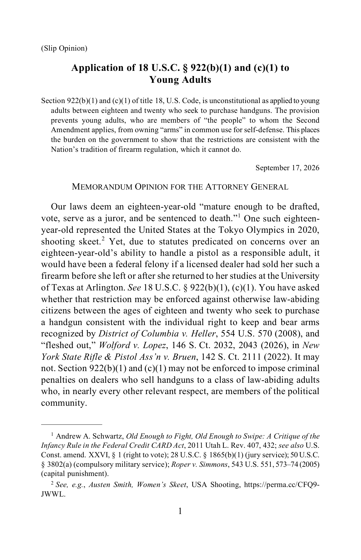 First page of the Justice Department Office of Legal Counsel opinion on handgun sales to 18-to-20-year-olds, dated September 17, 2026
