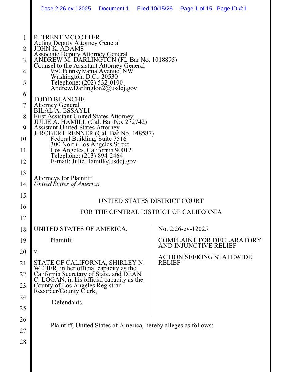 First page of the complaint in United States v. California, Case 2:26-cv-12025, Central District of California