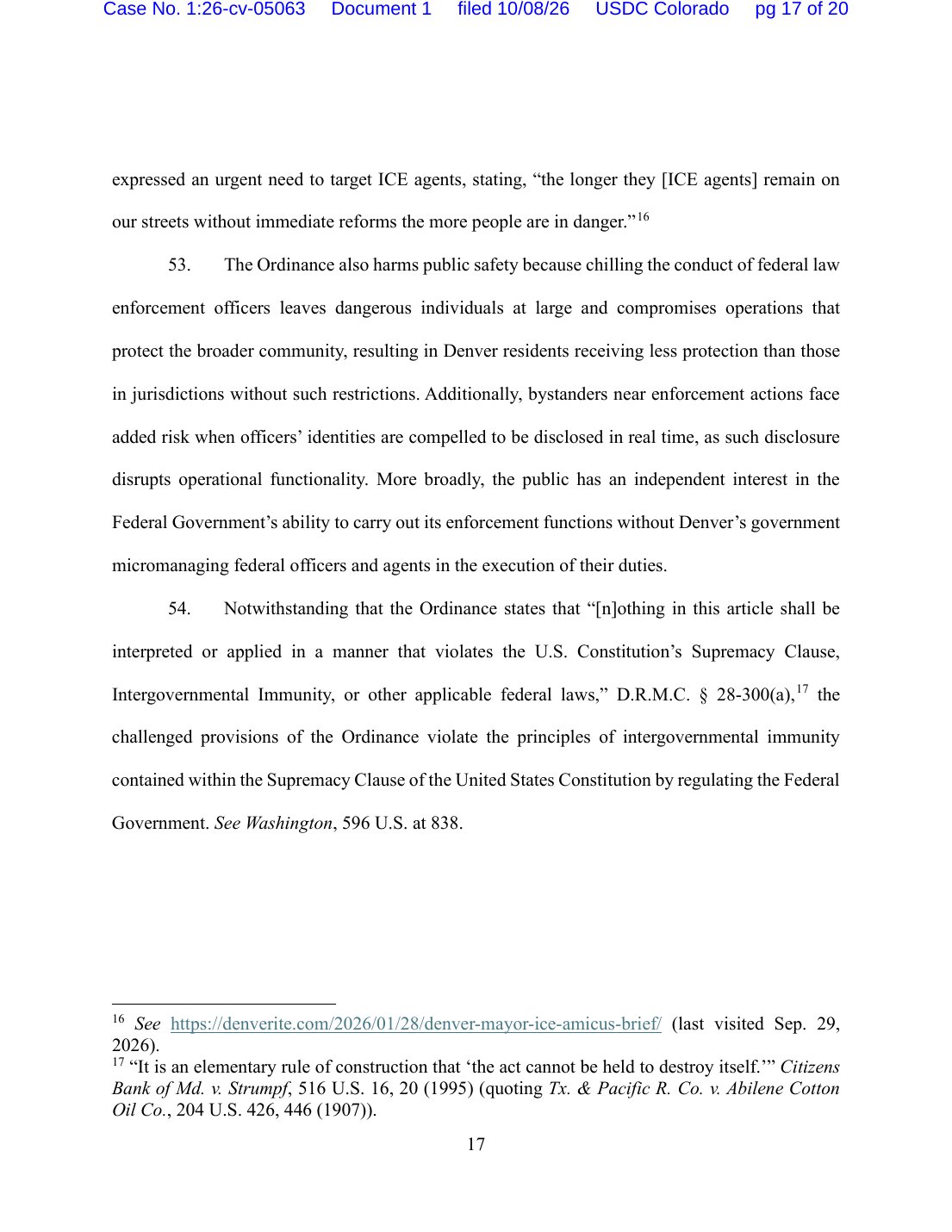Page 17 of the Justice Department's complaint against the City and County of Denver, showing paragraph 54 and footnote 17
