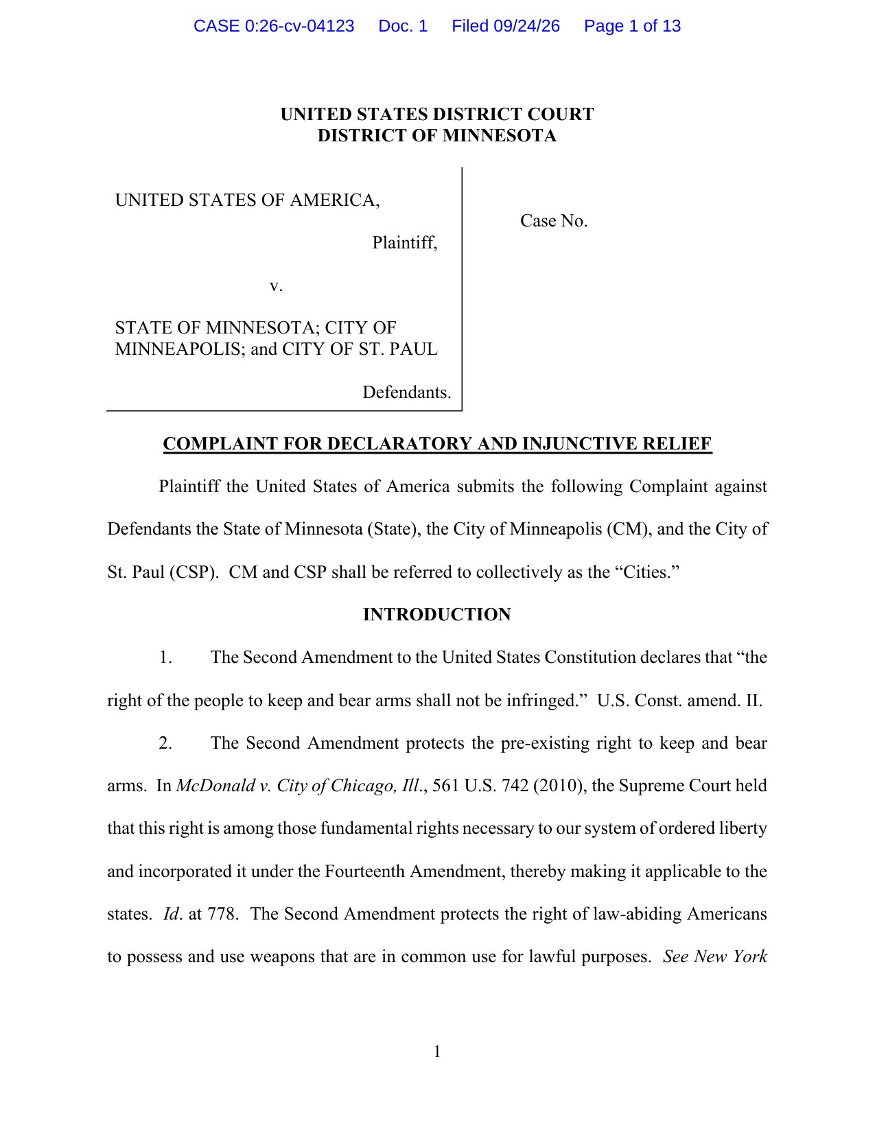 Page 1 of the Justice Department's complaint against the State of Minnesota, Minneapolis and St. Paul, Case 0:26-cv-04123