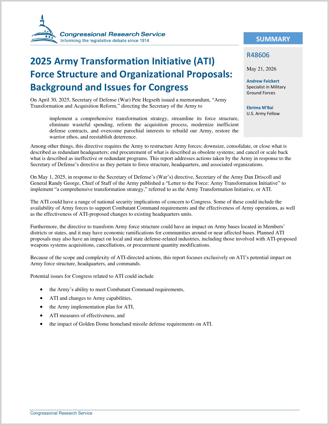 Summary page of Congressional Research Service Report R48606 on the 2025 Army Transformation Initiative, updated May 21, 2026
