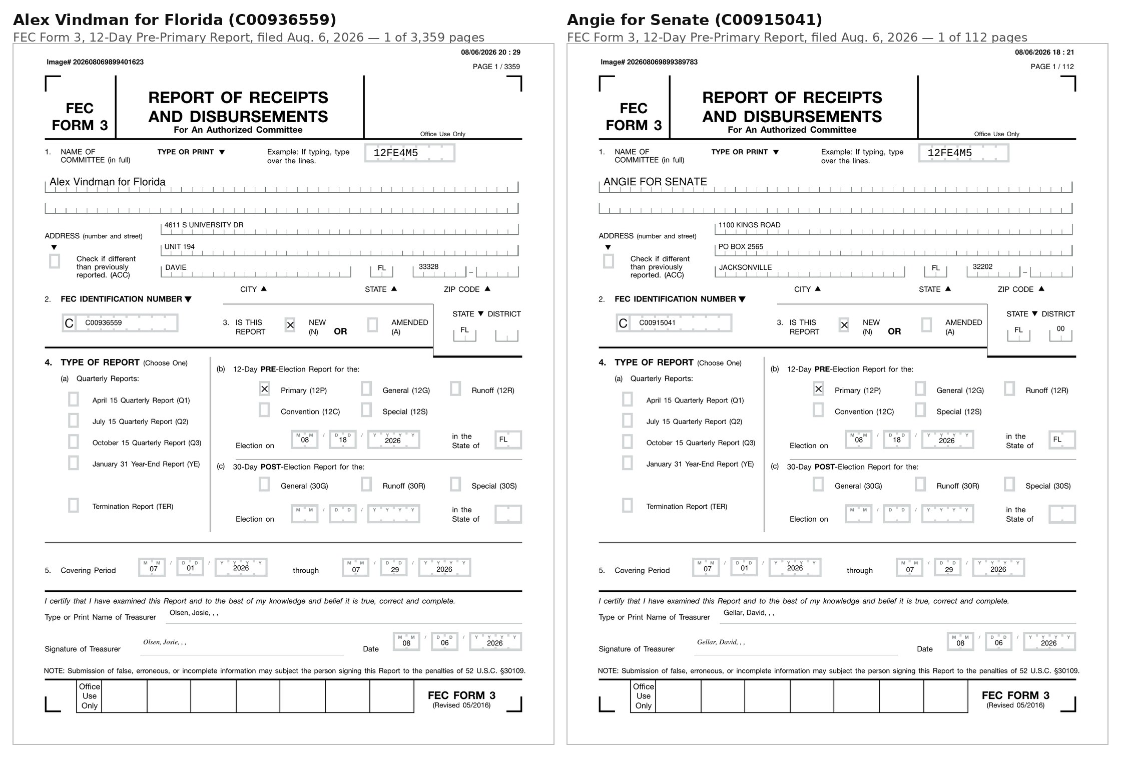 Page 1 of the FEC Form 3 pre-primary reports filed by Alex Vindman for Florida and Angie for Senate, side by side