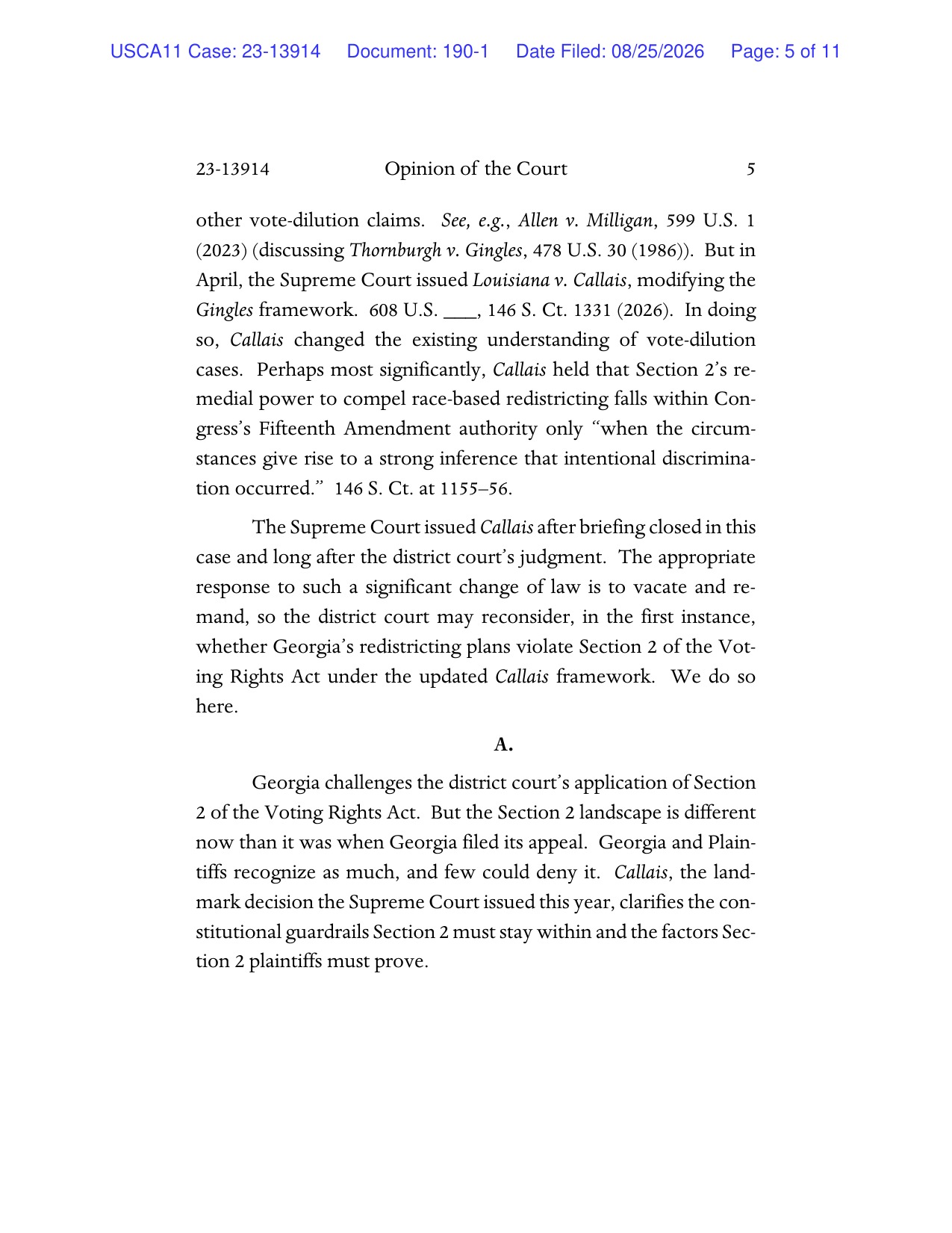 Page 5 of the Eleventh Circuit's Aug. 25, 2026 per curiam opinion in Alpha Phi Alpha Fraternity v. Secretary, State of Georgia, containing the Callais holding and the vacate-and-remand ruling