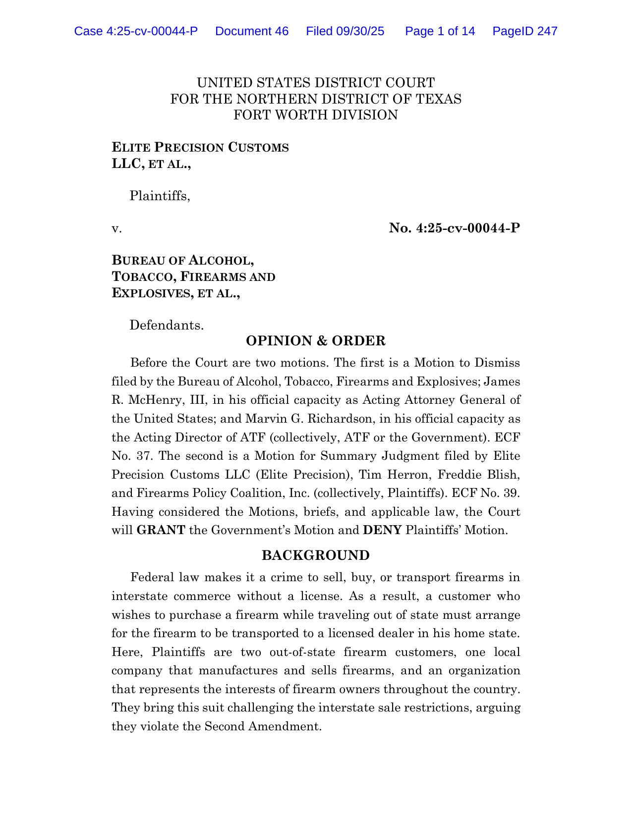 Page 1 of Judge Mark T. Pittman's Opinion and Order in Elite Precision Customs LLC v. ATF, No. 4:25-cv-00044-P