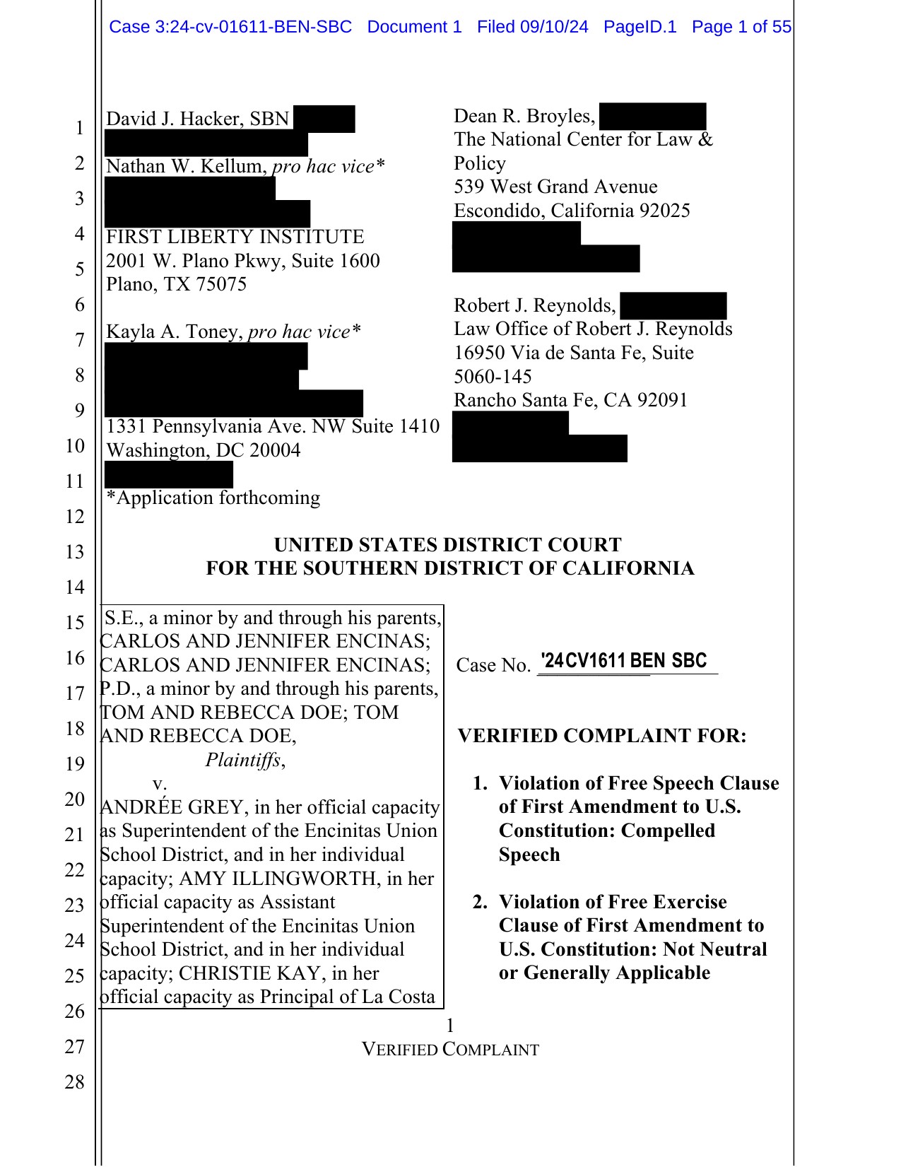 Cover page of the verified federal complaint in S.E. v. Grey, case number 3:24-cv-01611-BEN-SBC, Southern District of California