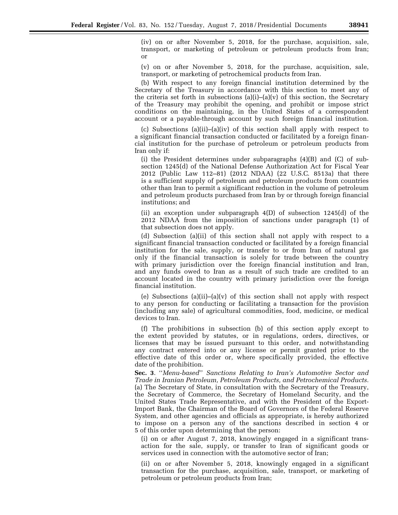 Page 3 of Executive Order 13846 in the Federal Register, showing Section 2(b) on correspondent and payable-through account sanctions against foreign financial institutions