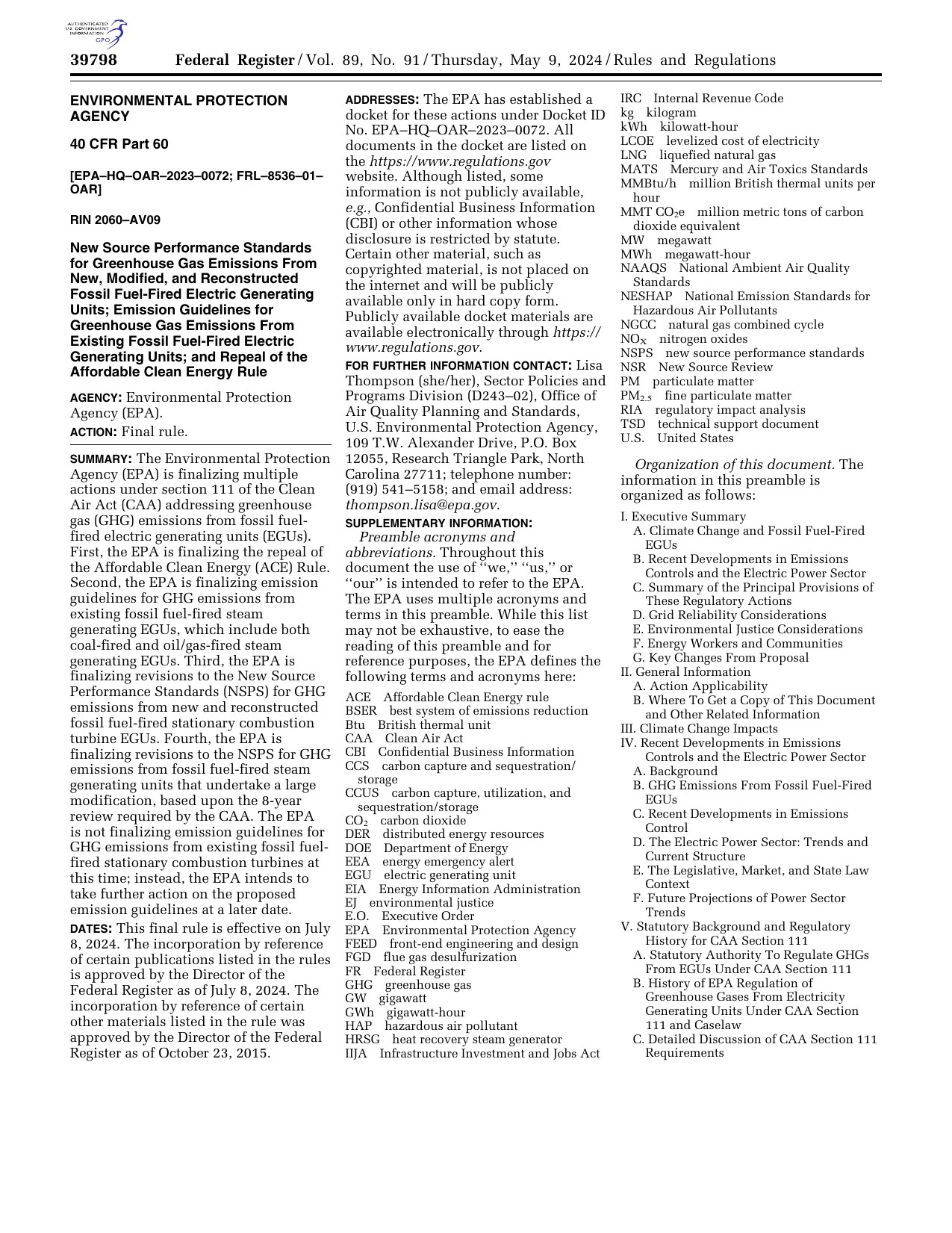 First page of the Federal Register notice for the 2024 EPA power plant greenhouse gas rule, Docket EPA-HQ-OAR-2023-0072