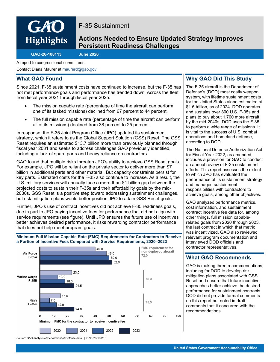 GAO Highlights page for report GAO-26-108113, F-35 Sustainment, June 2026