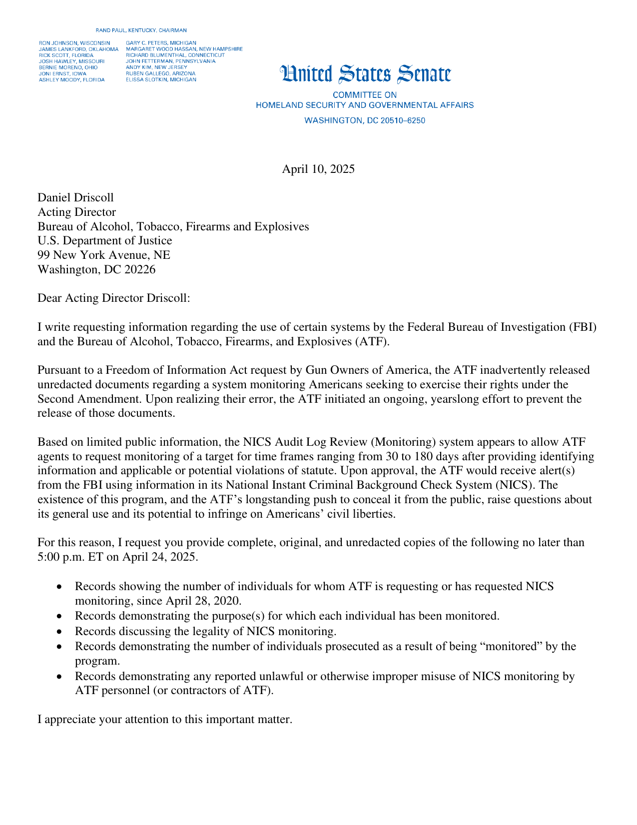 Senator Rand Paul's April 10, 2025 letter to ATF Acting Director Daniel Driscoll demanding NICS Monitoring records