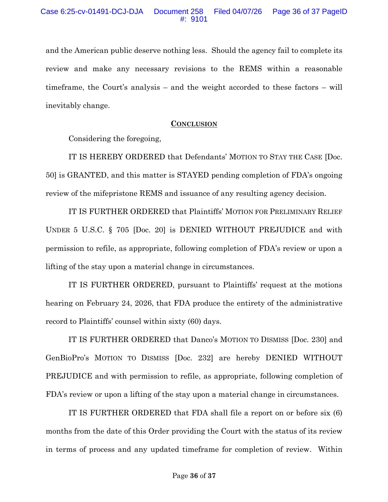 Page 36 of Judge David C. Joseph's April 7, 2026 ruling in Louisiana v. FDA, ordering the six-month status report