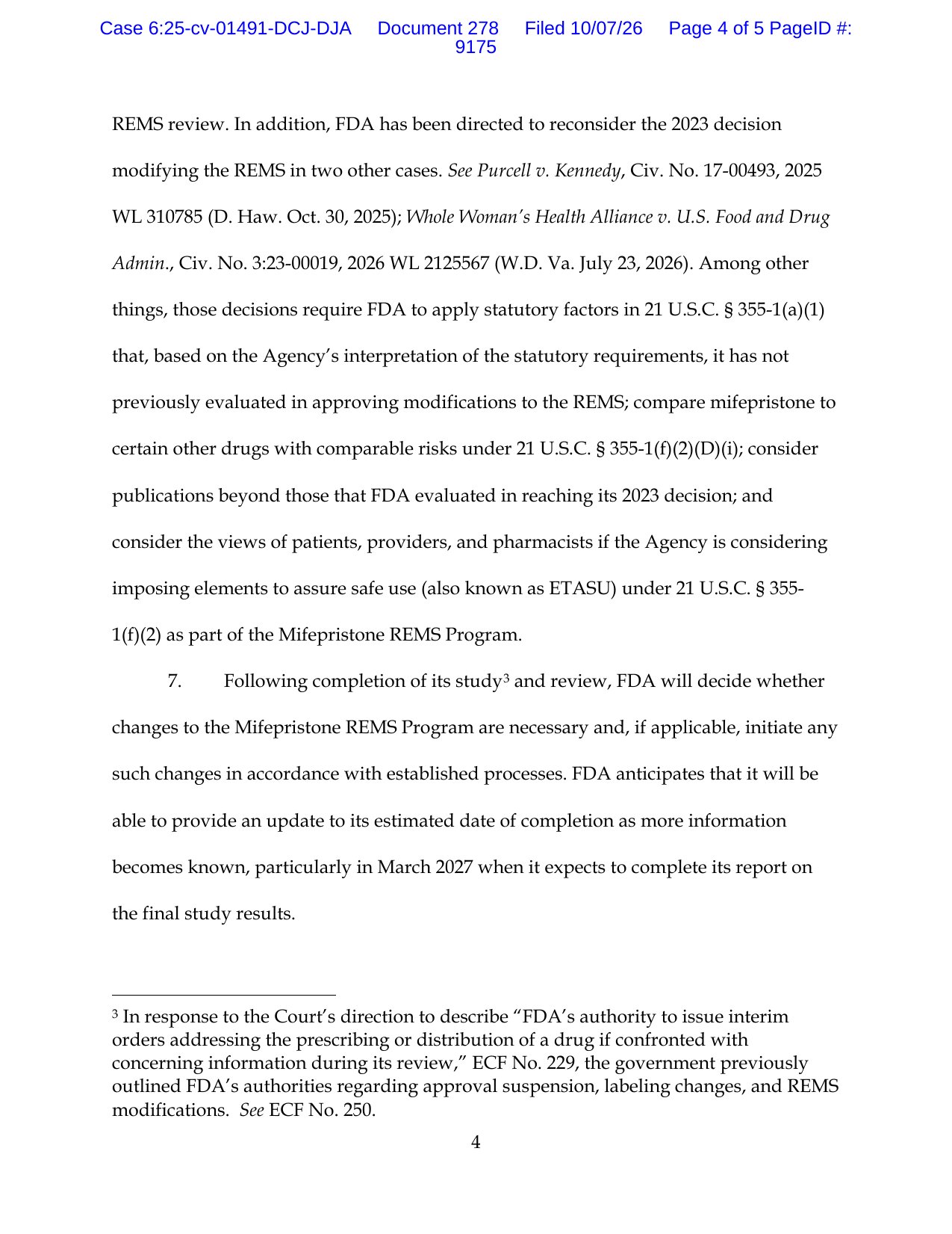 Page 4 of the FDA's Oct. 7, 2026 status report in Louisiana v. FDA, citing the Purcell and Whole Woman's Health Alliance rulings