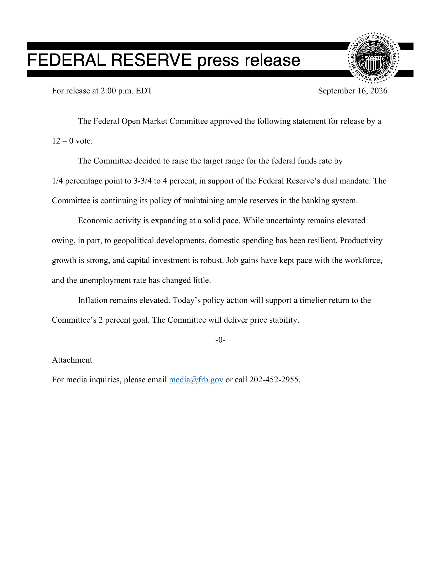 Page 1 of the Federal Reserve's official FOMC statement press release dated September 16, 2026, announcing the quarter-point rate hike to 3.75-4 percent by a 12-0 vote