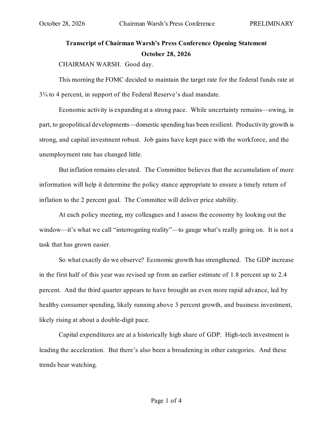 Page 1 of the Federal Reserve's transcript of Chairman Warsh's Oct. 28, 2026 press conference opening statement