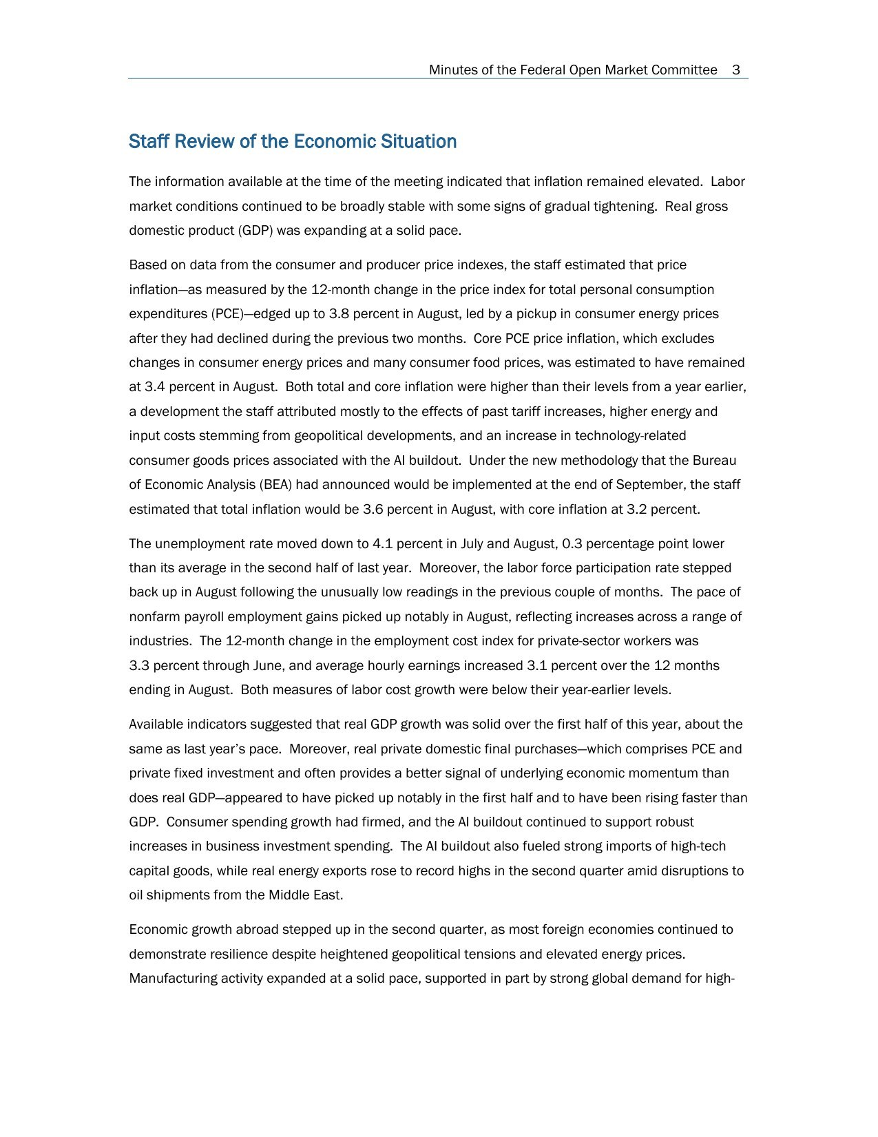 Page 3 of the September 15-16, 2026 FOMC minutes, showing the staff's inflation estimates under the old and new BEA methods
