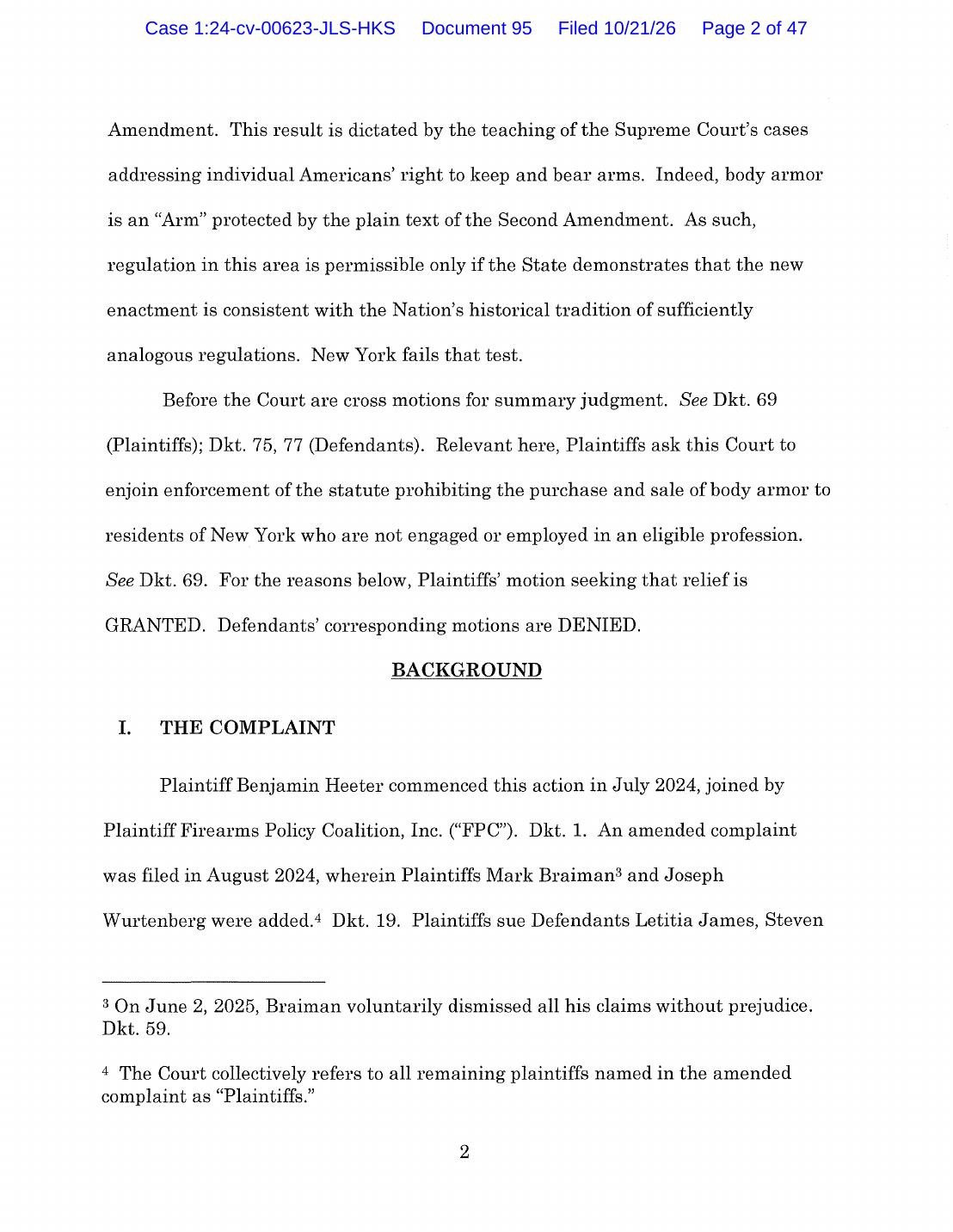 Page 2 of the Decision and Order in Heeter v. James, filed October 21, 2026, containing the holding that body armor is an Arm under the Second Amendment