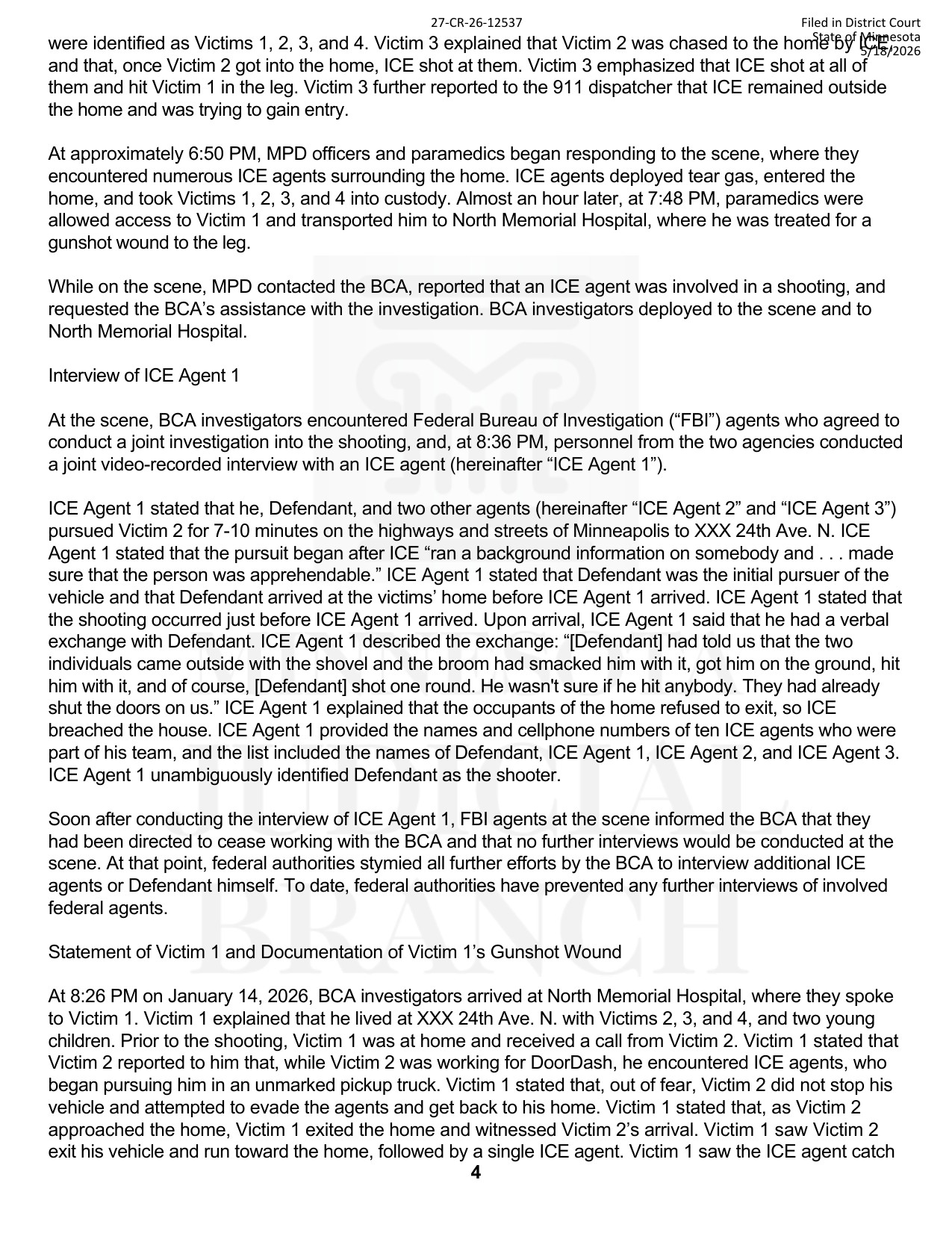 Page 4 of the Hennepin County criminal complaint against Christian Castro, describing how federal authorities cut off the Minnesota BCA investigation