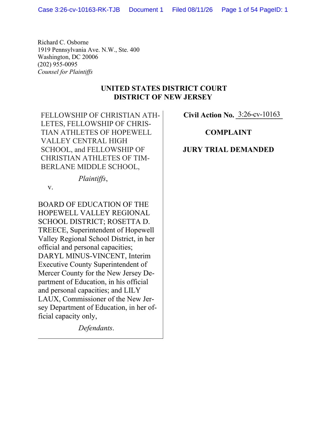 Page 1 of the complaint in Fellowship of Christian Athletes v. Board of Education of the Hopewell Valley Regional School District, Case No. 3:26-cv-10163