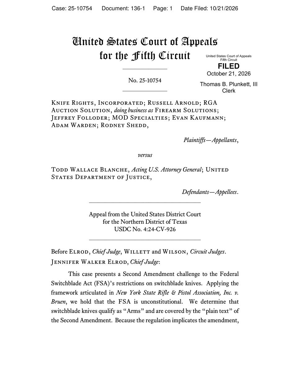 First page of the Fifth Circuit opinion in Knife Rights v. Blanche, filed October 21, 2026