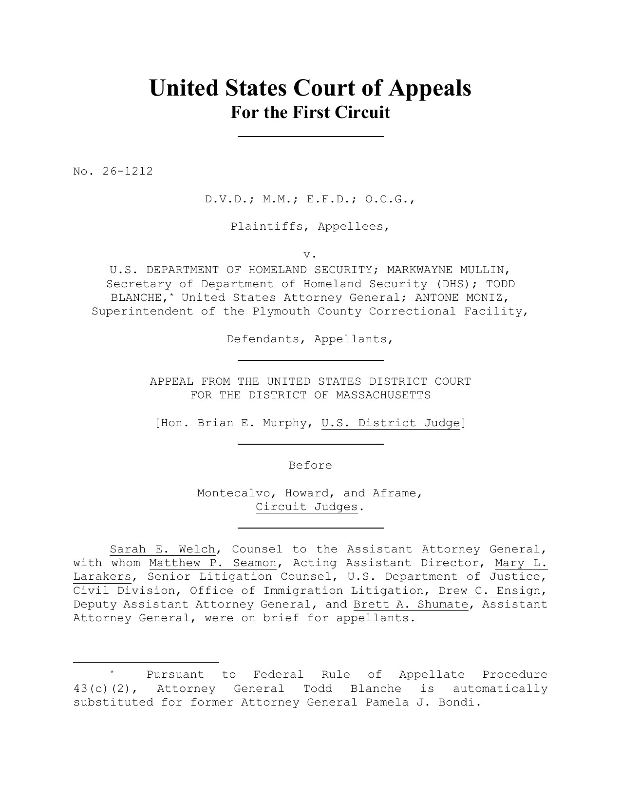 Page 1 of the First Circuit's opinion in D.V.D. v. Department of Homeland Security, No. 26-1212