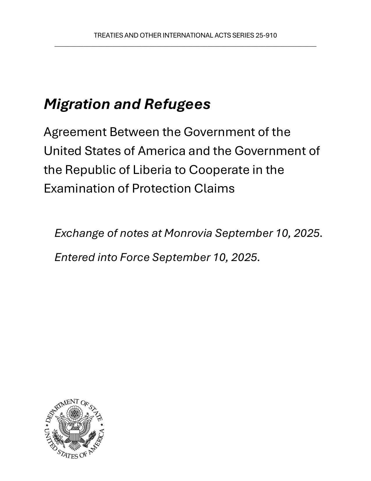 Cover page of Treaties and Other International Acts Series 25-910, the US-Liberia agreement to cooperate in the examination of protection claims