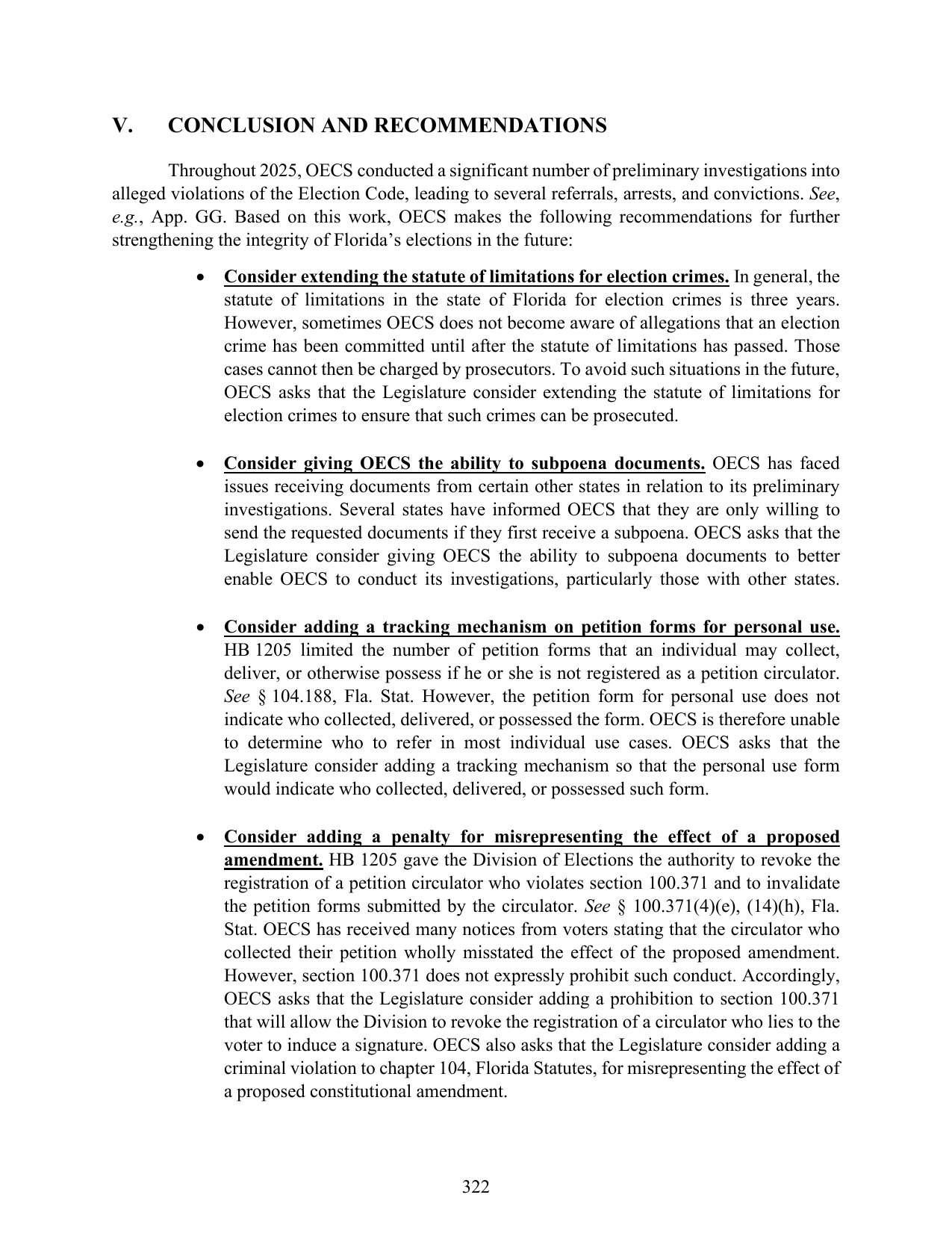 Florida Office of Election Crimes and Security 2025 annual report, page 322, Conclusion and Recommendations