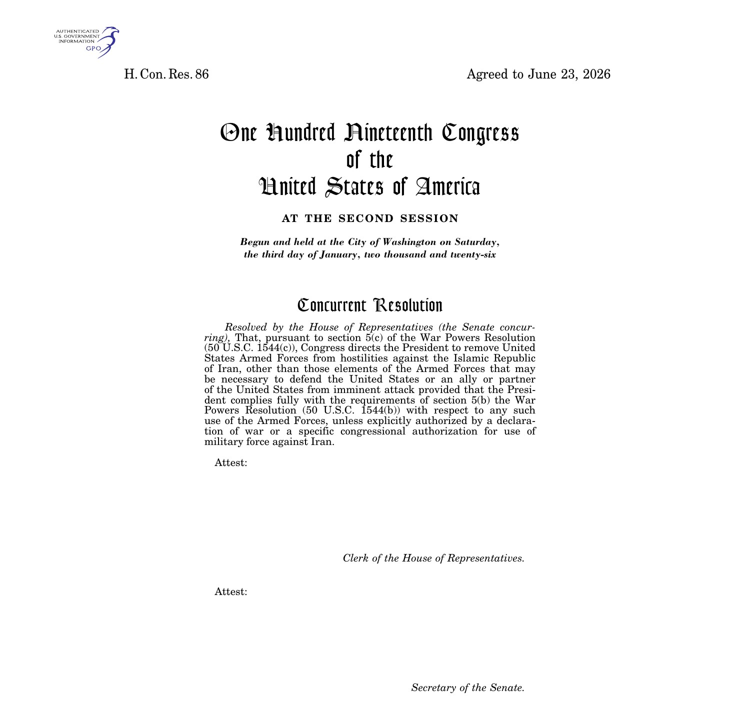 Enrolled text of H. Con. Res. 86, agreed to June 23, 2026, directing the President to remove United States Armed Forces from hostilities against Iran