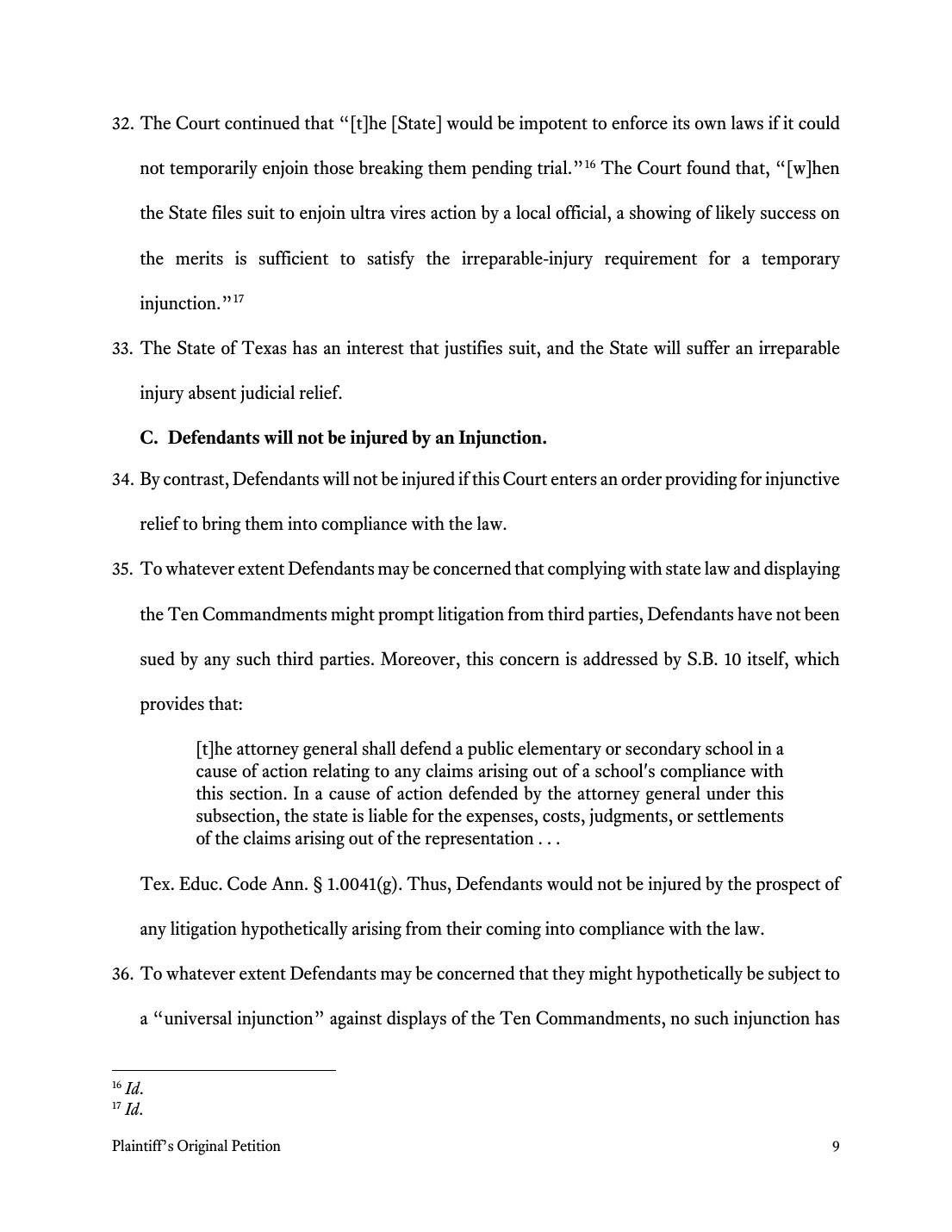 Page 9 of the State of Texas' original petition against Galveston ISD, quoting SB 10 subsection (g)