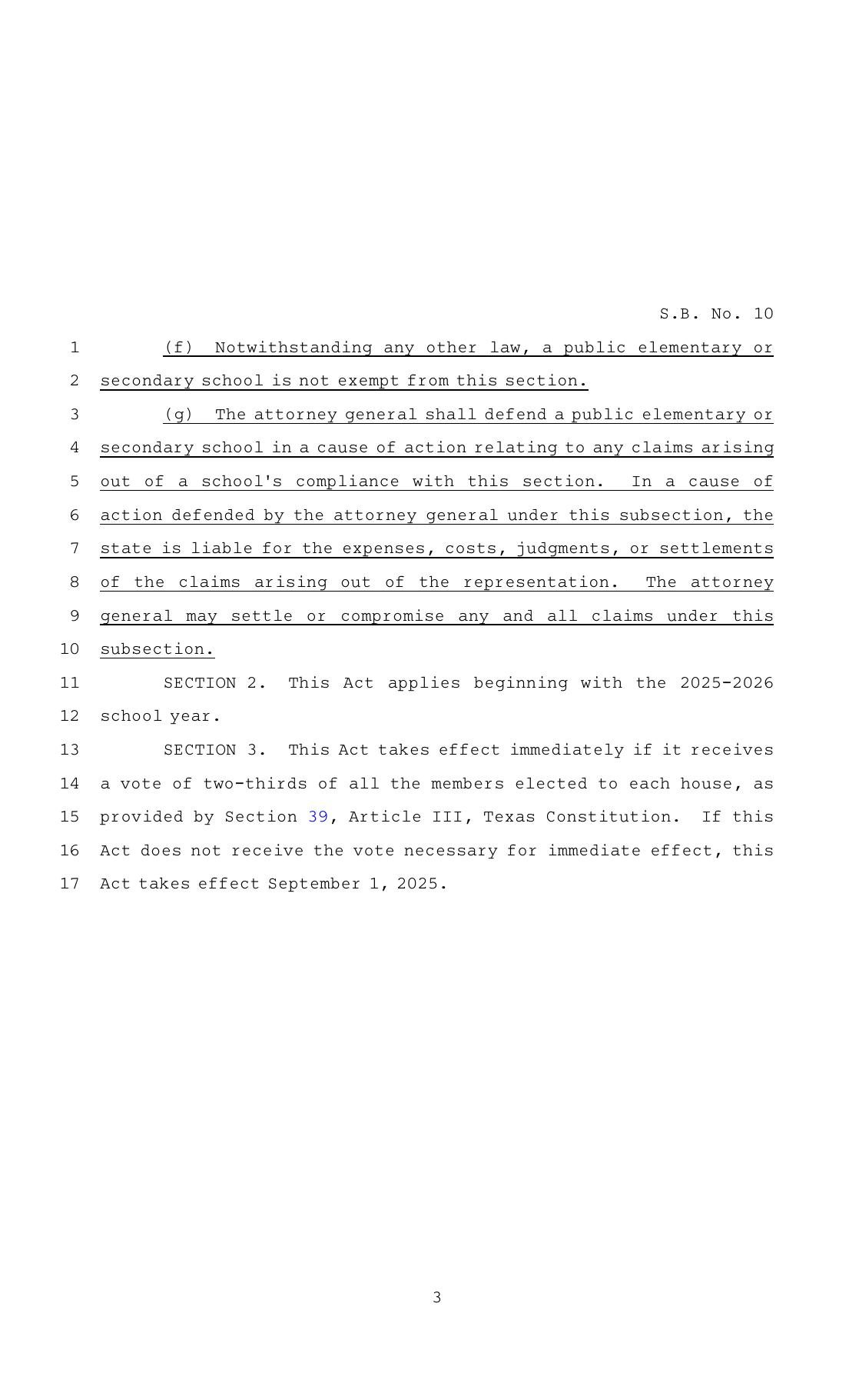 Page 3 of Texas Senate Bill 10, showing subsection (g) requiring the attorney general to defend schools that comply