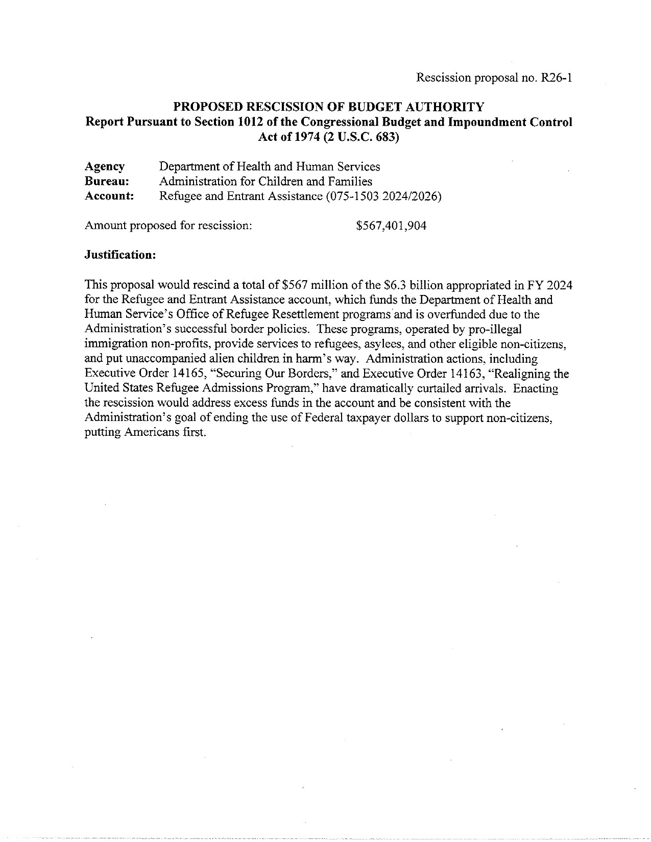 Page 2 of the White House special message, rescission proposal R26-1 for the HHS Refugee and Entrant Assistance account, $567,401,904