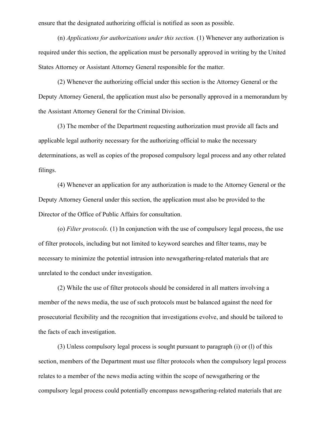 Page 16 of the Justice Department's 2022 news media rule, showing paragraph (o) on filter protocols