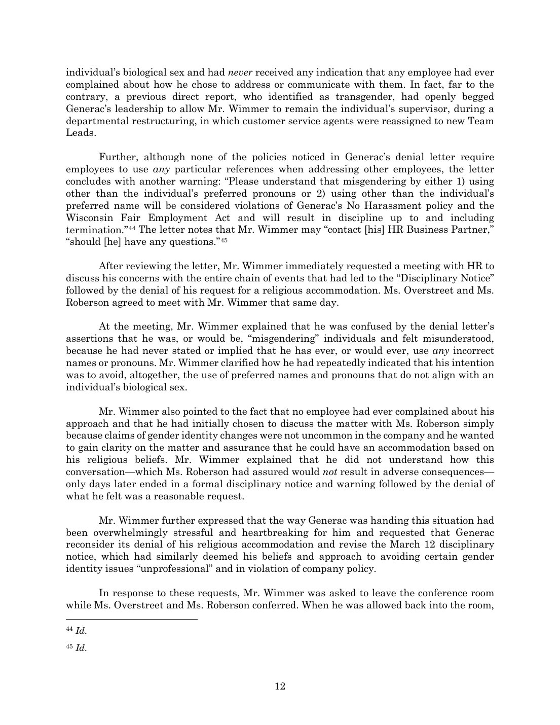 Page 12 of Spencer Wimmer's EEOC charge against Generac, quoting the company's denial letter