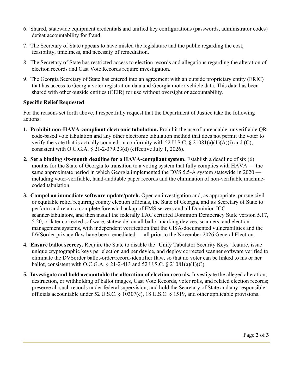 Page 2 of the Georgia State Election Board's September 30, 2026 letter to the Justice Department listing the specific relief requested