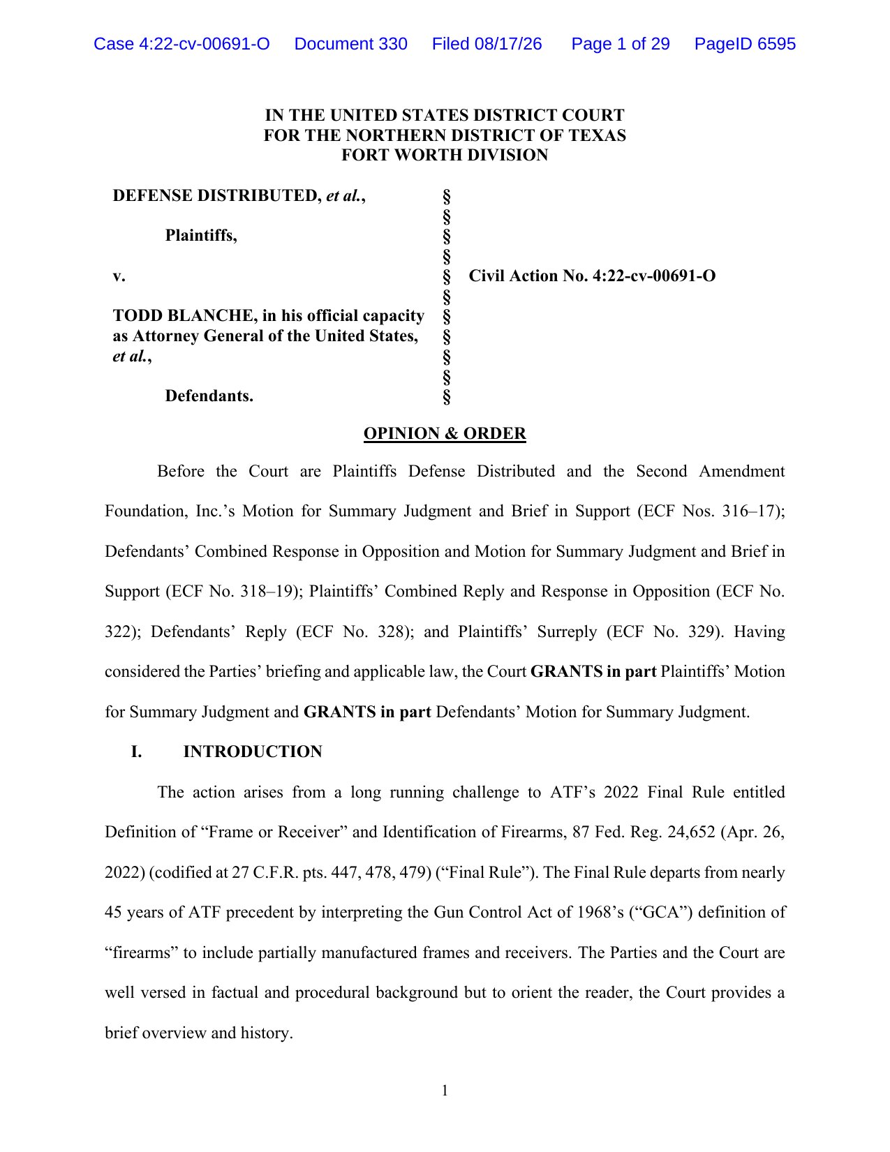 Page 1 of Judge Reed O'Connor's opinion in Defense Distributed v. Blanche, Civil Action No. 4:22-cv-00691-O