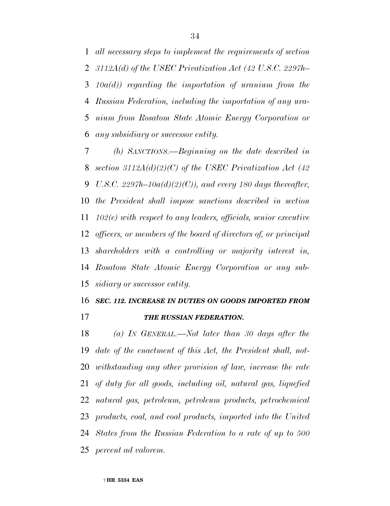 Page 34 of H.R. 5334, showing Section 112's 500 percent tariff on goods imported from Russia