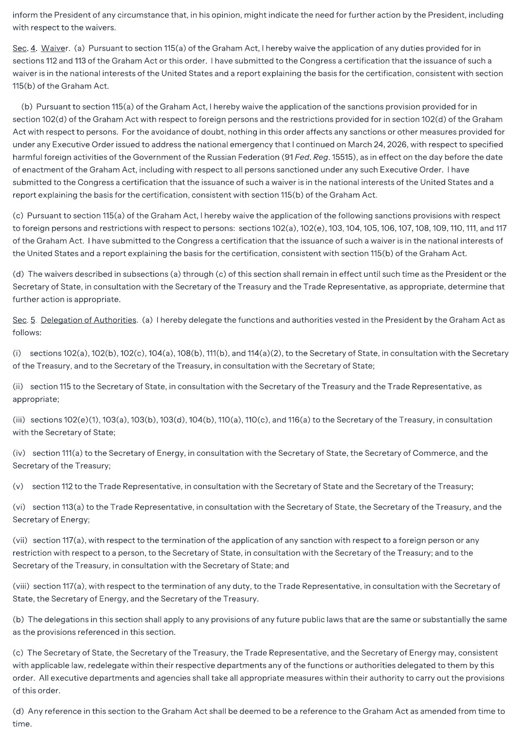 Page 2 of the executive order implementing the Graham Sanctioning Russia and Iran Act, showing Section 4, Waiver