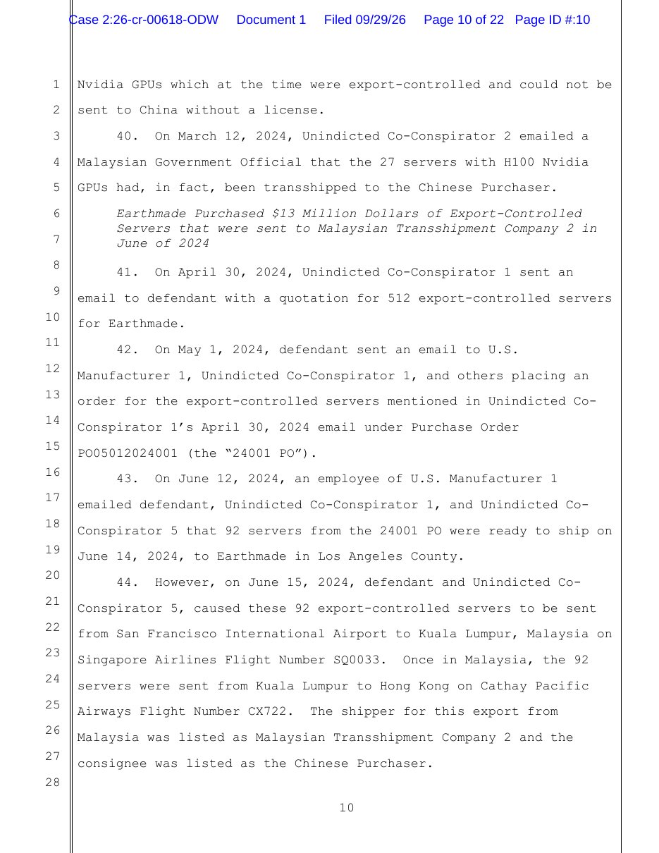 United States v. Greg Lui indictment, page 10, describing the 92-server shipment to Hong Kong