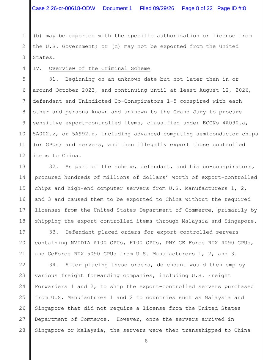 United States v. Greg Lui indictment, page 8, paragraphs 31 through 34