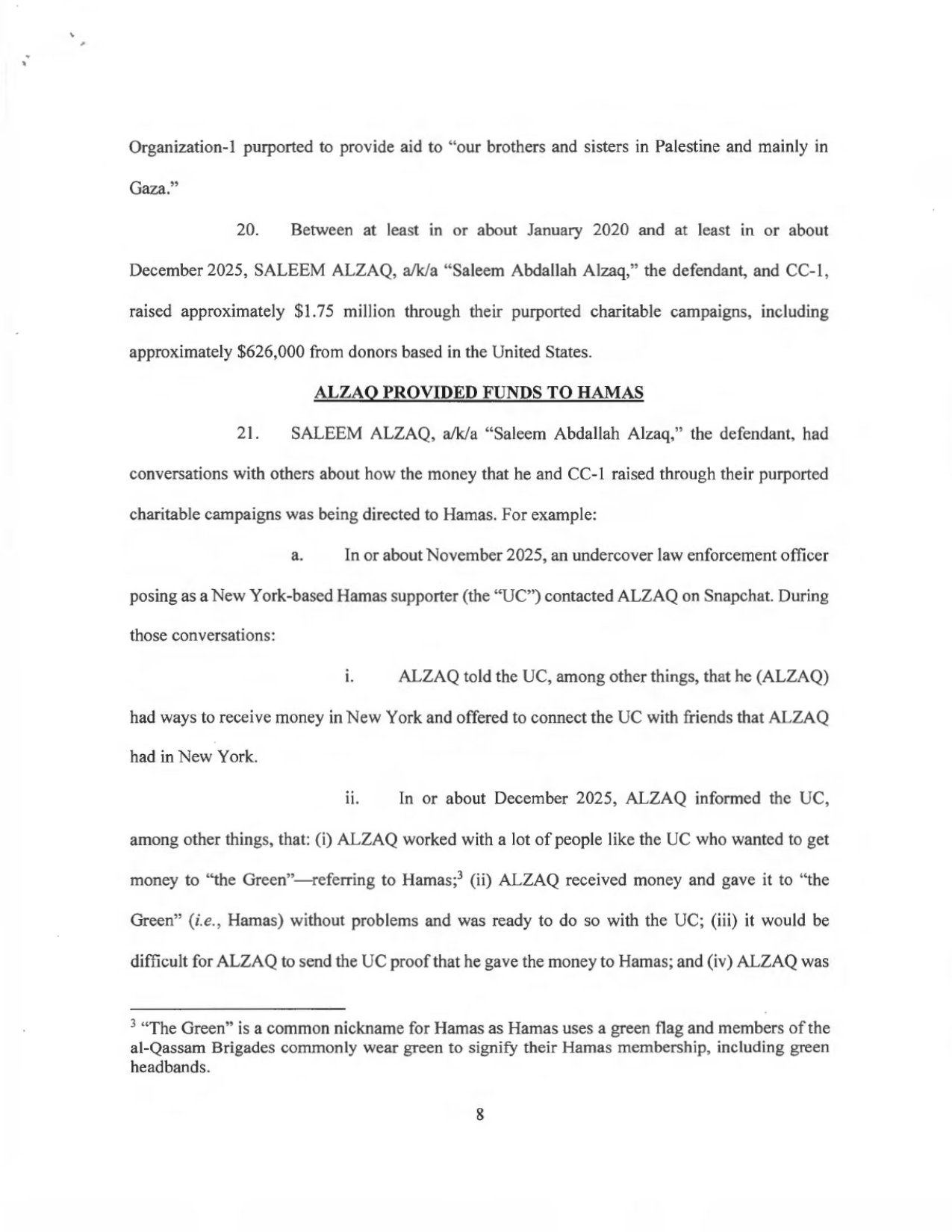 Page 8 of the Saleem Alzaq indictment showing the $626,000 figure from U.S. donors