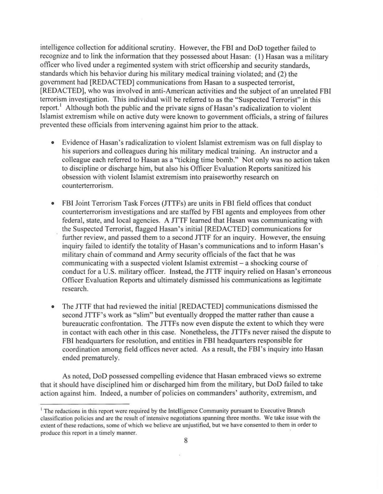 Page 8 of the Senate Homeland Security Committee's 2011 Fort Hood report, describing Hasan as a ticking time bomb