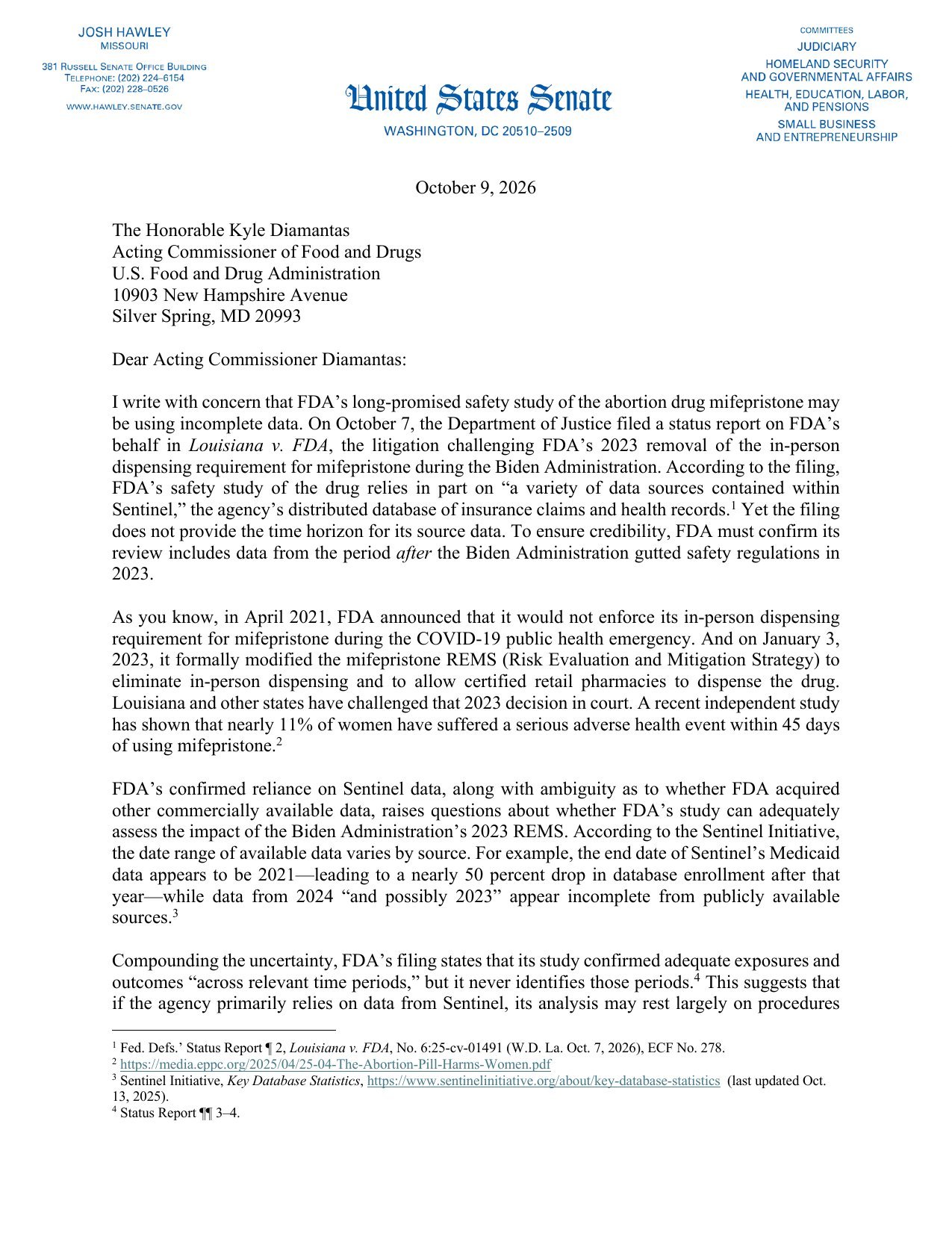 Page 1 of Sen. Josh Hawley's Oct. 9, 2026 letter to FDA Acting Commissioner Kyle Diamantas