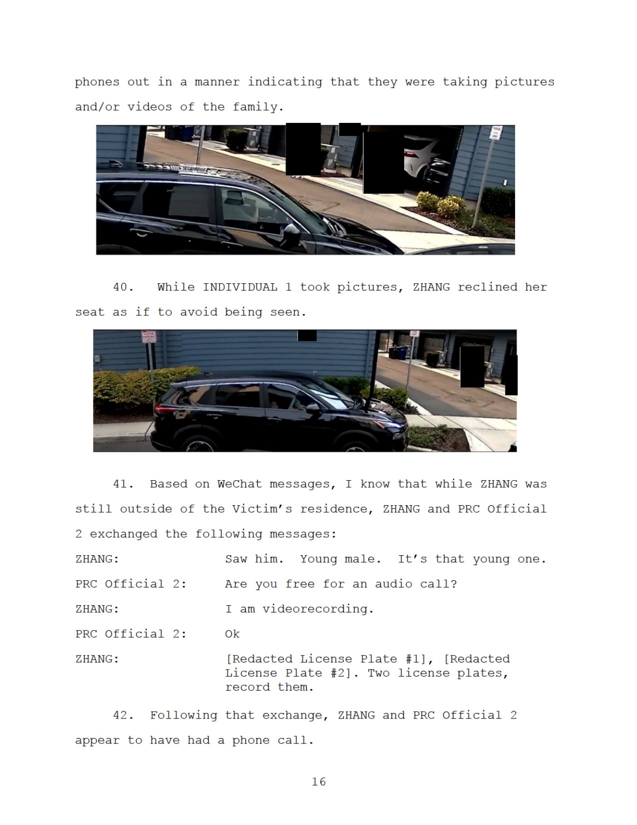 Page 16 of the FBI affidavit in United States v. Wanying Zhang, showing security camera stills of a black SUV and the WeChat messages