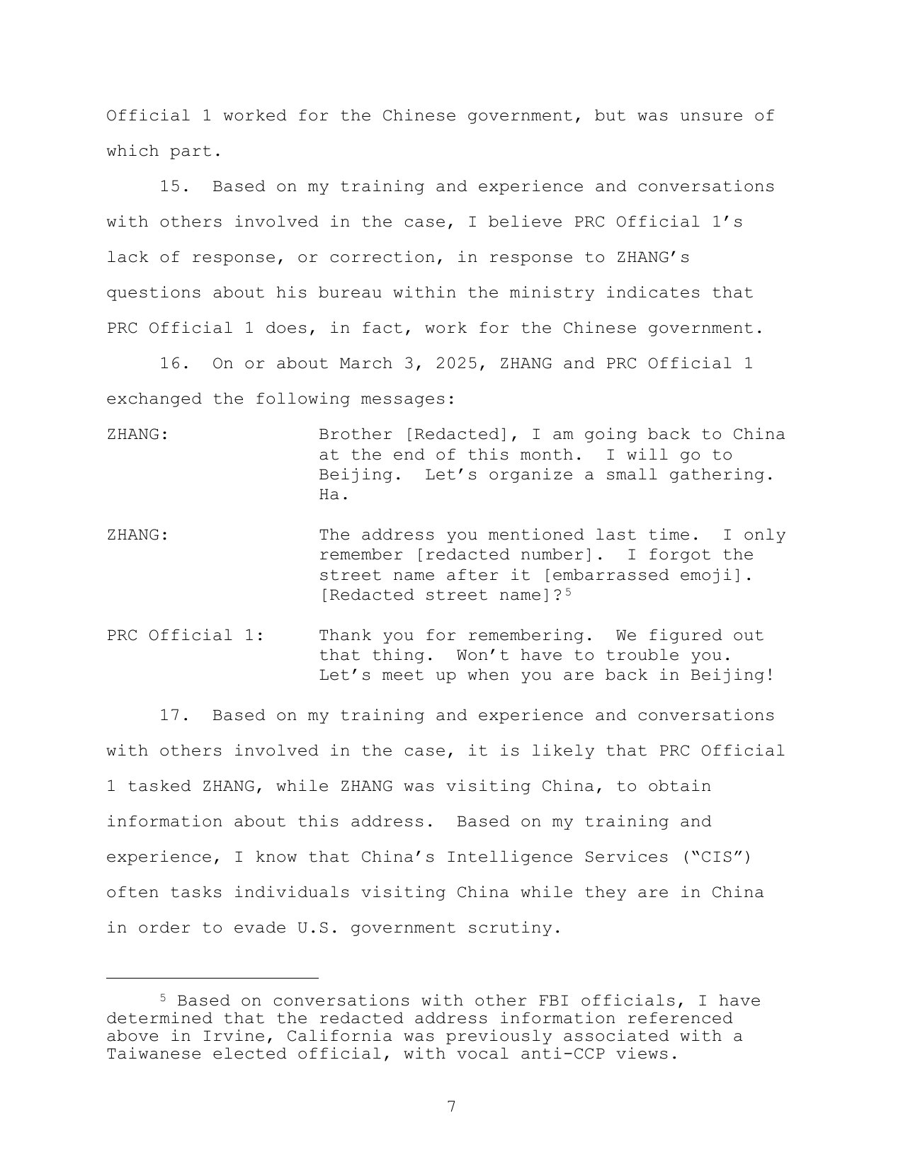 Page 7 of the FBI affidavit in United States v. Wanying Zhang, showing the March 2025 messages about an Irvine address and footnote 5