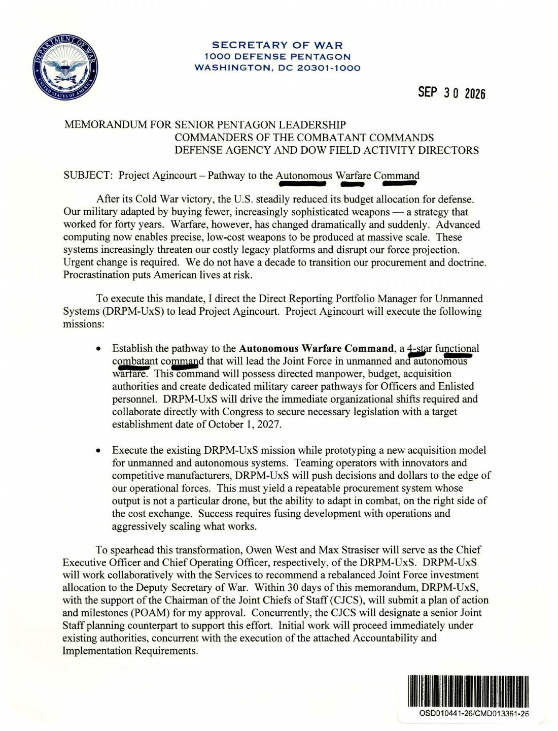 Page 1 of Secretary Hegseth's September 30, 2026 Project Agincourt memo on the Autonomous Warfare Command