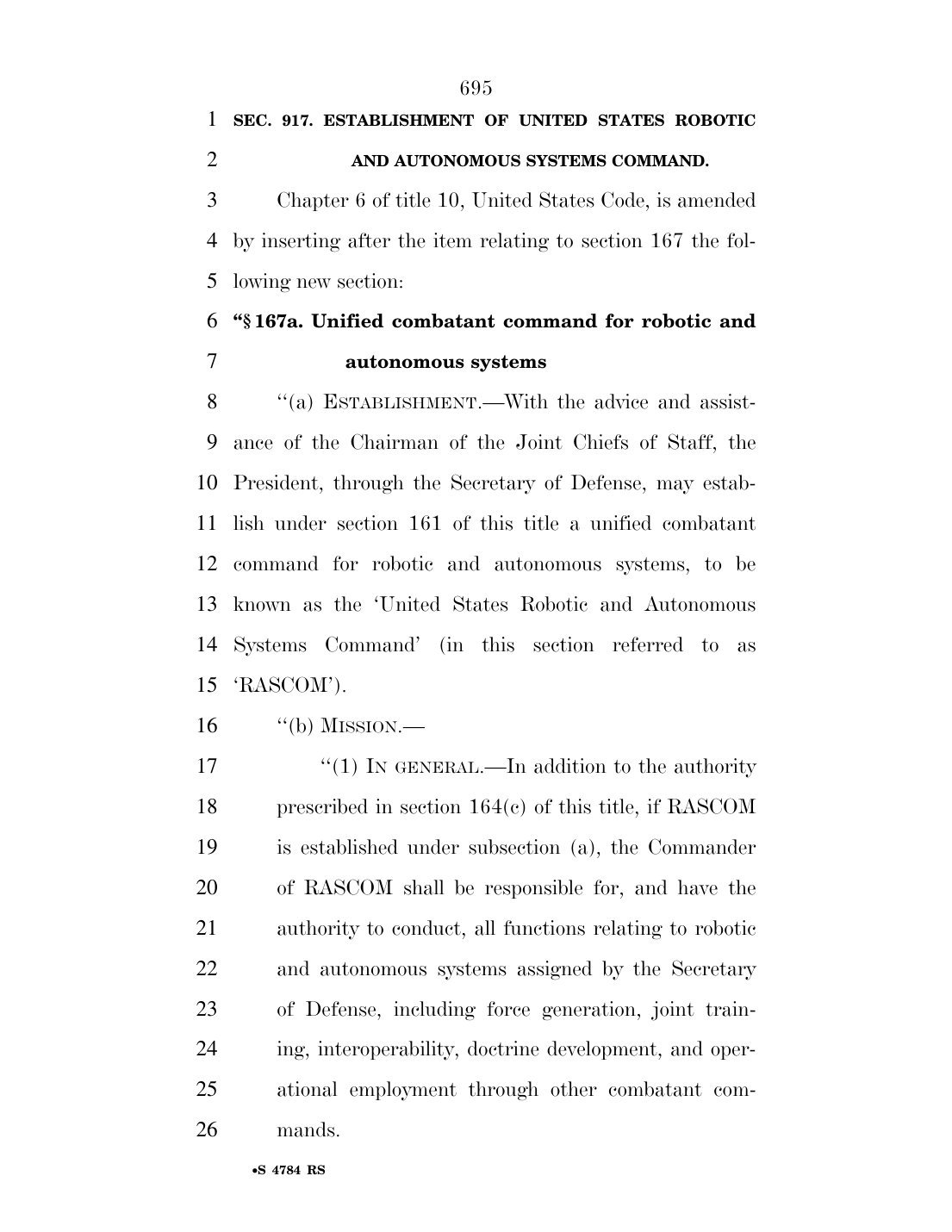 Page 695 of S. 4784 showing Section 917, Establishment of United States Robotic and Autonomous Systems Command