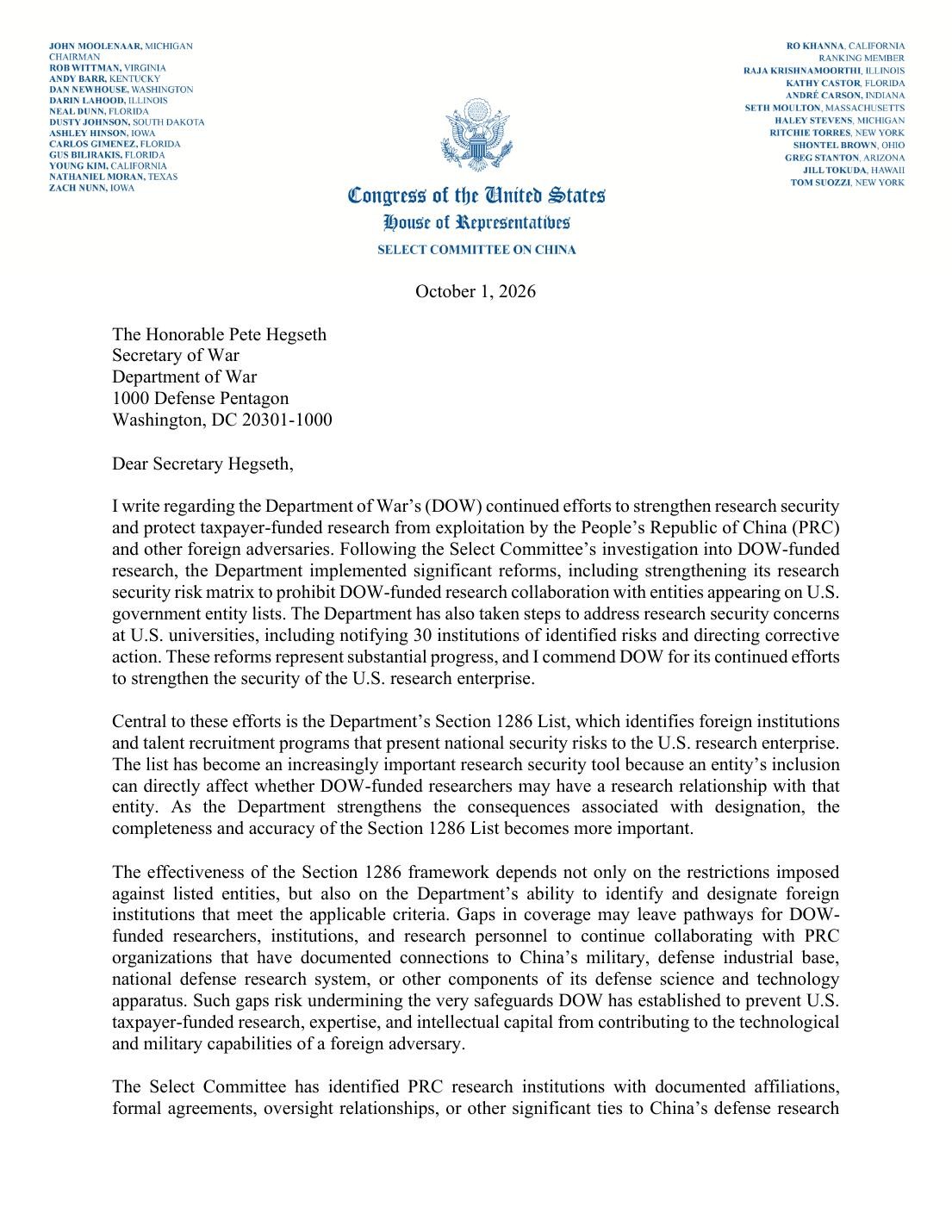 First page of the October 1, 2026 letter from the House Select Committee on China to Secretary of War Hegseth about the Section 1286 list