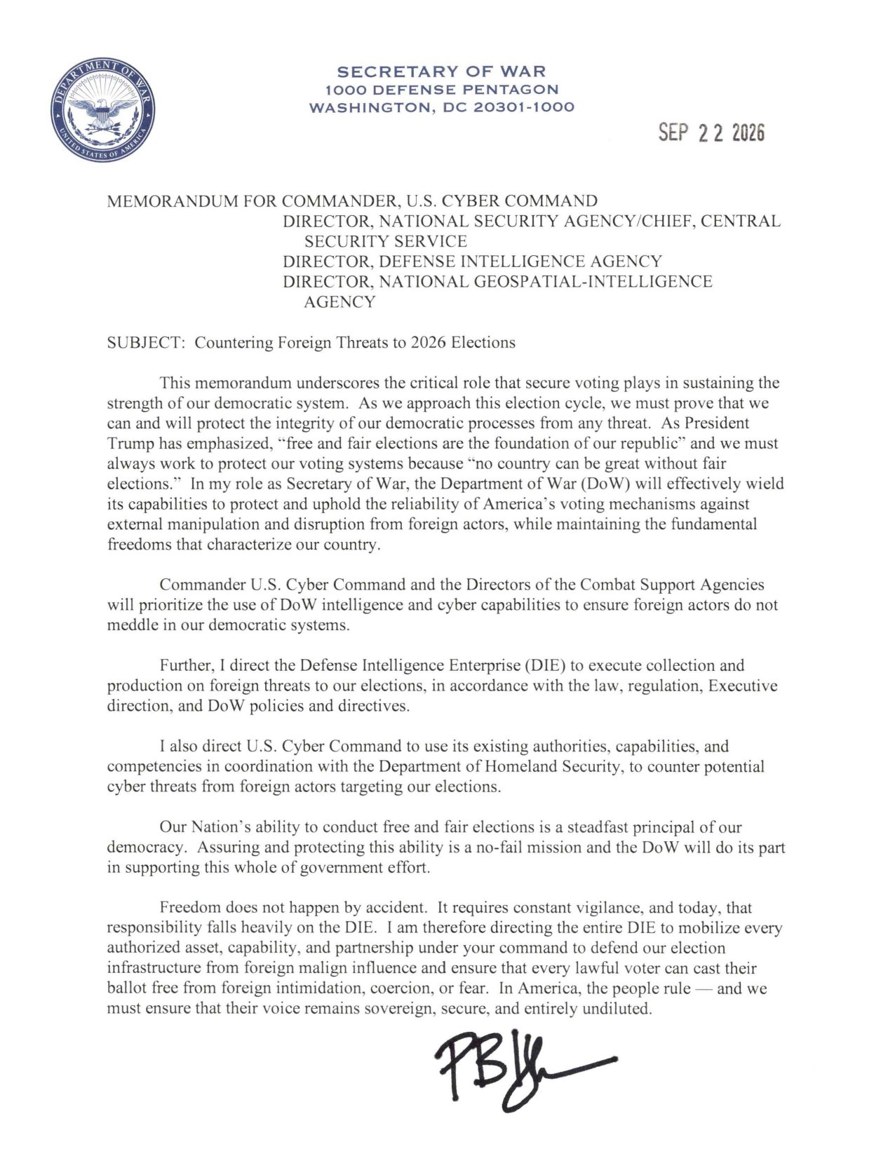 Hegseth memorandum Countering Foreign Threats to 2026 Elections, dated September 22, 2026, page 1