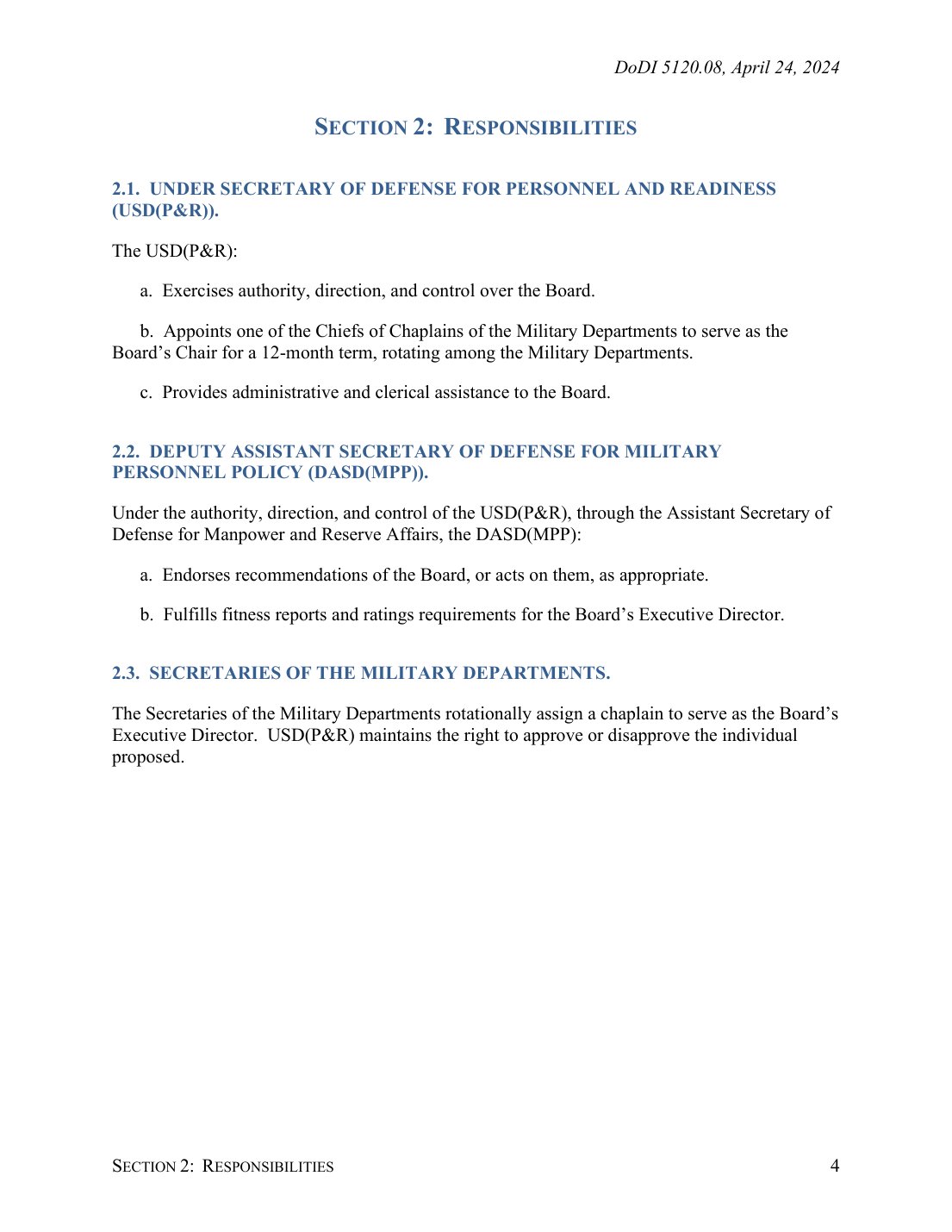 Page 4 of DoD Instruction 5120.08, listing the responsibilities of the Under Secretary of Defense for Personnel and Readiness over the Armed Forces Chaplains Board