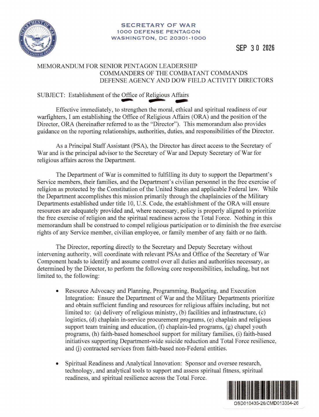 Page 1 of the September 30, 2026 Secretary of War memorandum establishing the Office of Religious Affairs
