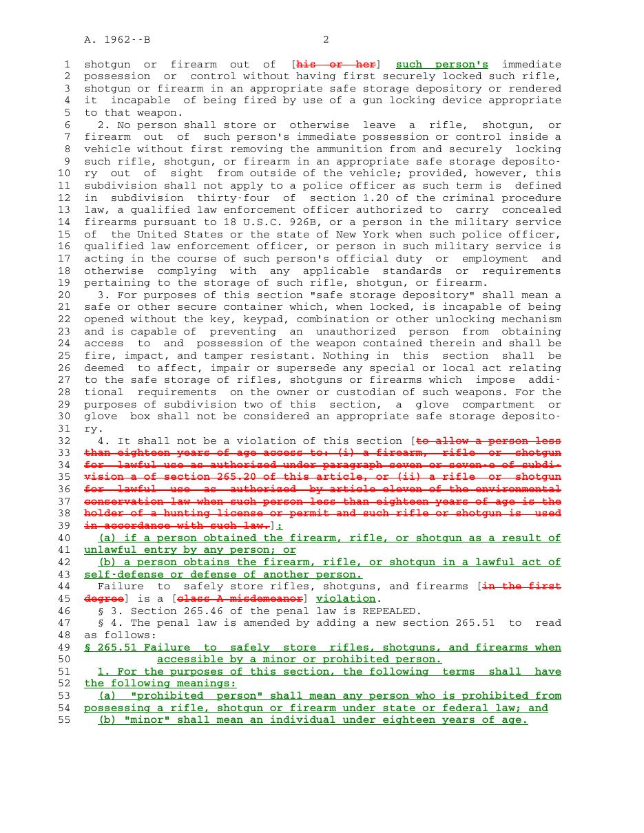 Page 2 of New York Assembly Bill A.1962-B showing the redline that changes the safe storage offense from a class A misdemeanor to a violation