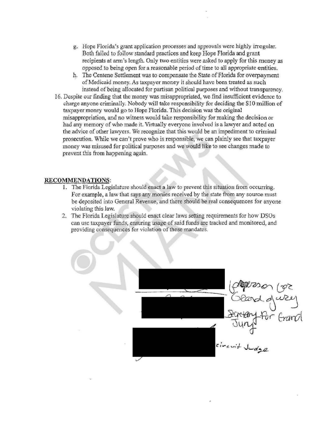 Page 19 of the Leon County grand jury presentment, showing Finding 16 declining to charge anyone criminally, the two legislative recommendations, and the redacted signatures of the foreperson, the secretary for the grand jury and the circuit judge